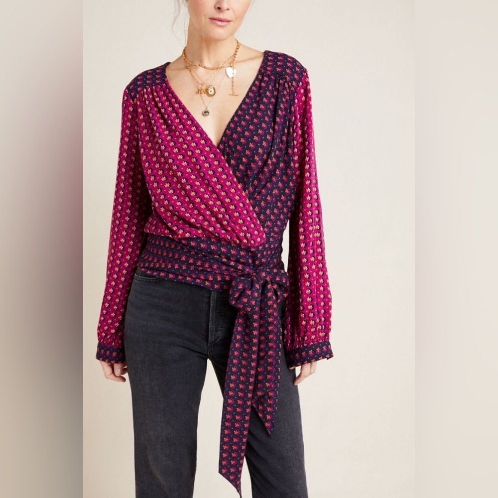 Anthropologie Maeve Lisa Mixed Print Wrap Blouse • Boho Chic Size 6 Pink Navy